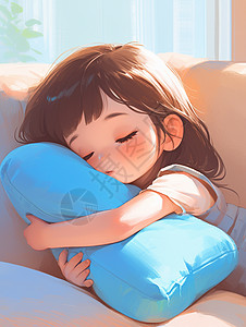 卡通抱枕正在午睡的卡通小女孩插画