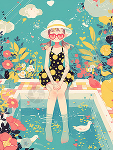 粗描边卡通人物穿着花泳衣坐在泳池边的卡通女孩插画