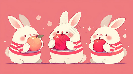 条纹红富士苹果穿着条纹上衣抱着水果的可爱的卡通小兔子插画