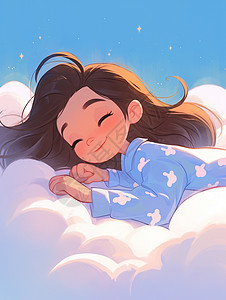 白色睡衣在云朵上睡觉的卡通女孩插画