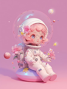 戴着粉色花朵穿着宇航服漂亮的卡通小姑娘高清图片