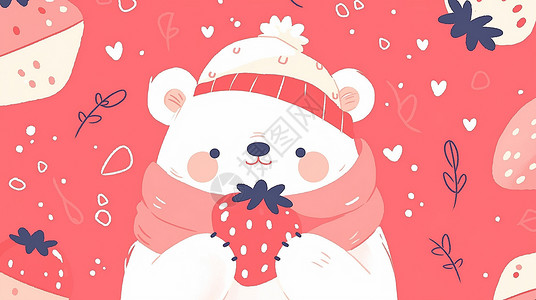 大抱熊抱着大草莓的可爱卡通小白熊插画