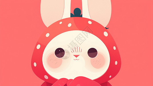 草莓小红帽戴着红色草莓帽子的可爱卡通小白兔插画