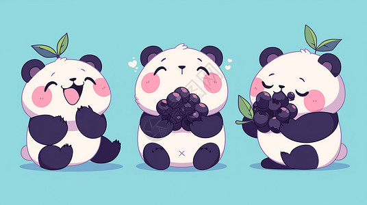 儿童吃水果蓝色背景上一只可爱的卡通大熊猫插画