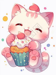 正在开心吃纸杯蛋糕的可爱卡通小猫图片