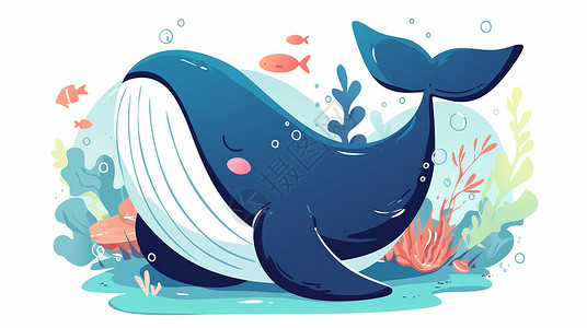 一条卡通鲸鱼在海底中遨游图片