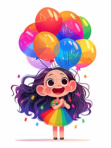 穿裙子拿气球的女孩穿彩色连衣裙手拿一束彩色气球的可爱卡通小女孩插画