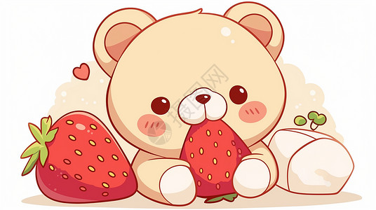 红色棕色的吃草莓的可爱卡通小熊插画