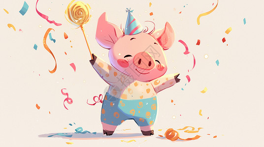 卡通魔法棒戴着生日帽的卡通猪在跳舞插画