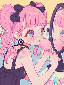 小孩吃冰激凌粉色可爱的卡通女孩吃冰激凌插画