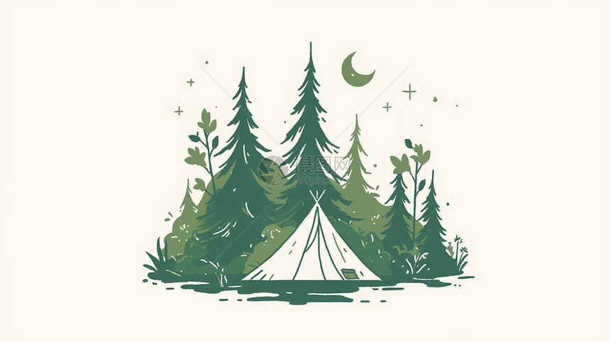 夜晚驻扎在森林中一座小小的帐篷图片