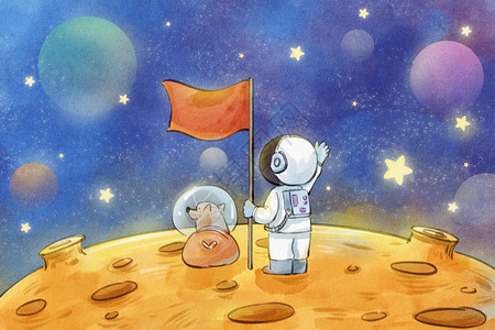 手绘水彩人类月球日之月球上的宇航员旗帜与动物治愈插画图片
