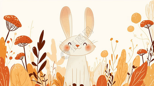黄色草丛中可爱的卡通小白兔图片
