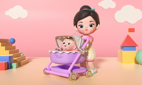 c4d立体宝妈推着婴儿车与宝宝场景3d插画图片