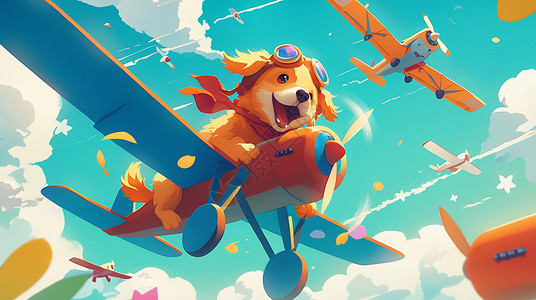 在空中小飞机上飞行的小狗图片
