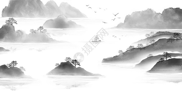 中国古风山水飘渺水墨山水游船场景插画图片