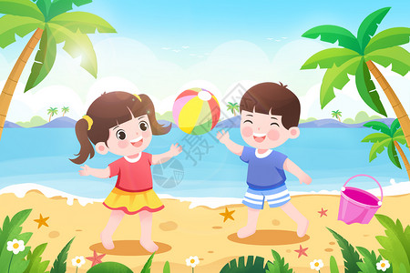 夏天暑假两个小朋友在海边玩耍的插画图片