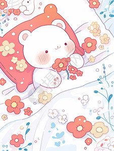 在花朵被窝里睡觉的可爱小白熊图片