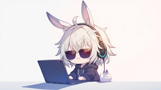 戴着墨镜和耳机有兔子耳朵的卡通女孩在电脑前办公图片
