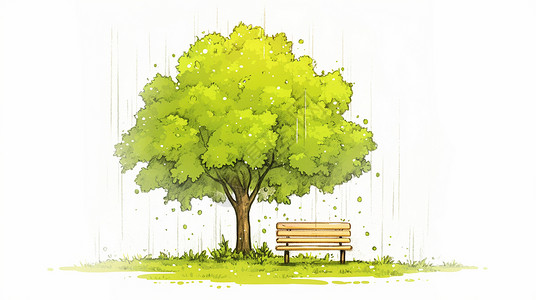 雨中大大的树下一把长椅图片