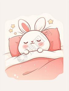 躺在被窝里安静睡觉的长耳朵卡通白兔图片