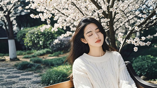 樱花树下闭着眼的美女图片