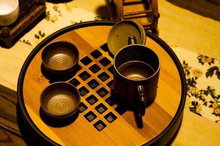 竹地毯茶具背景