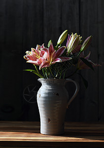 粉红色百合花花瓶里的百合背景