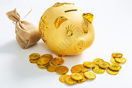 钱生钱金融储蓄金猪存钱罐和一袋金币背景