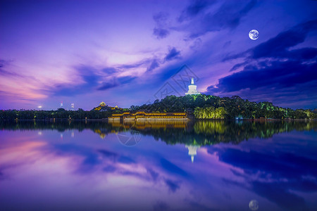 城市圆月湖面夜景背景图片