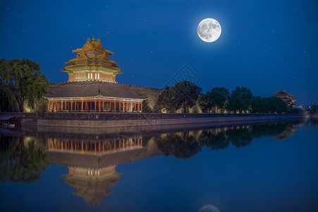 明月素材紫禁城湖光月色背景