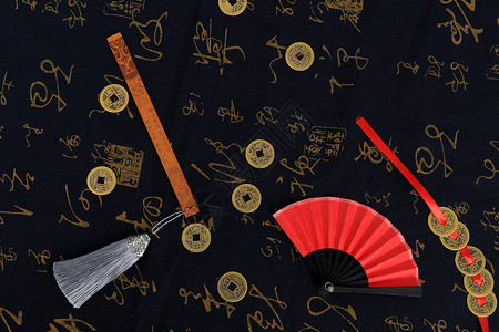 铜钱纸扇书签中国风元素背景图片