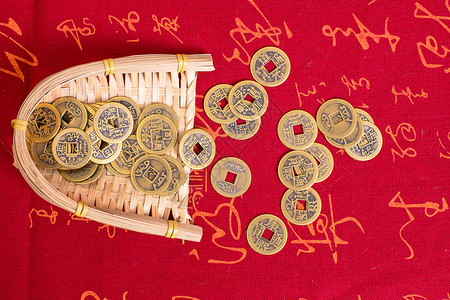 古代铜钱簸箕中国风清代铜钱拍摄背景