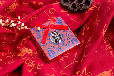 红色喜庆寿宴宣传展板设计中国风礼物礼盒京剧脸谱背景