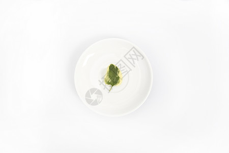 白色盘子里一片绿色叶子背景图片