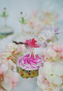 彩色小花朵边框花丛中的跳舞姑娘粉色杯子蛋糕特写背景