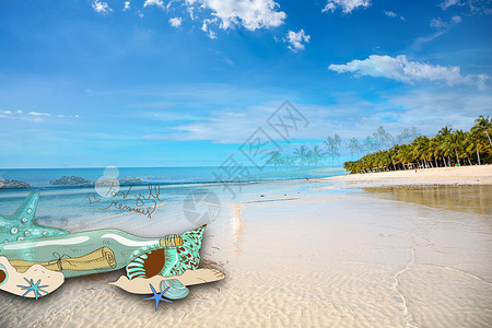 广阔大海沙滩漂流瓶设计图片