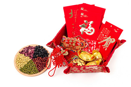 黑豆核桃中国春节手工饰品排列背景