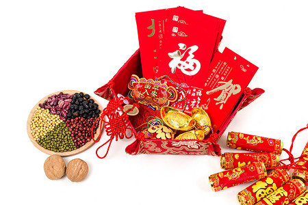 黑豆核桃中国春节手工饰品排列背景