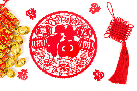金色中国结中国春节福字饰品排列摆拍背景