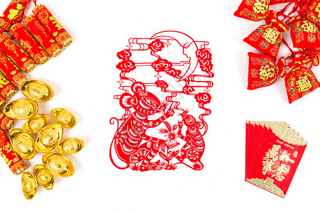 福兔中国春节传统饰品排列摆拍背景