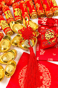 中国春节传统饰品排列摆拍背景图片