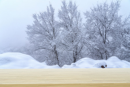 冬天树林里女孩看下雪的情景下雪的地板背景设计图片