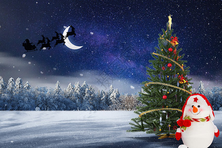 雪人与小鹿夜晚的圣诞老人设计图片