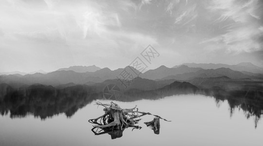 山湖意境黑白山水设计图片