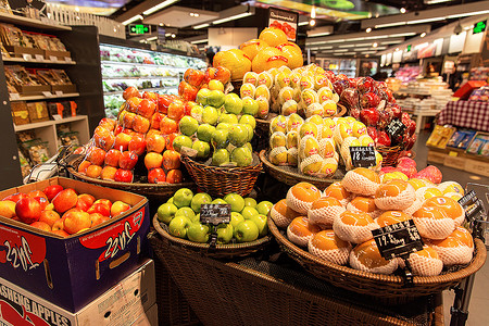 高档超市水果摊位展示背景图片