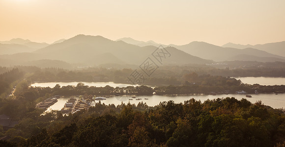 古朴大气黄昏西湖山水风光背景