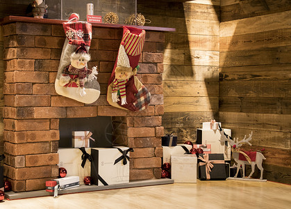紧身袜圣诞室内壁炉装饰背景