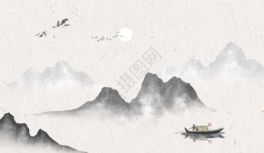 小船流水青山水墨中国风设计图片
