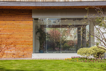 建筑木板素材阳光绿地舒适设计庭院背景